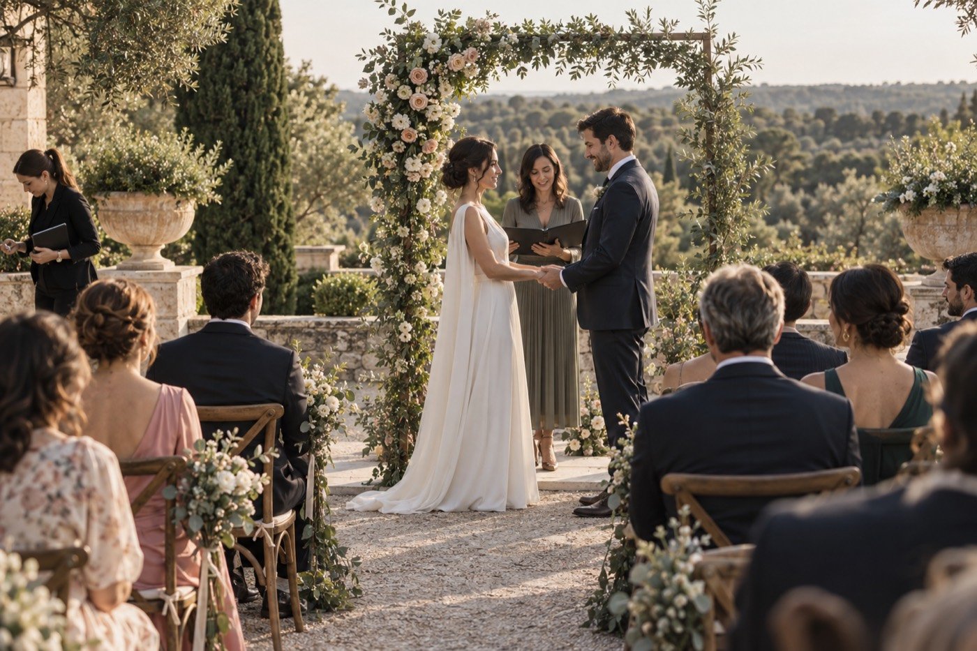 ceremonia civil personalizada con invitados y ambientación en Madrid Oeste