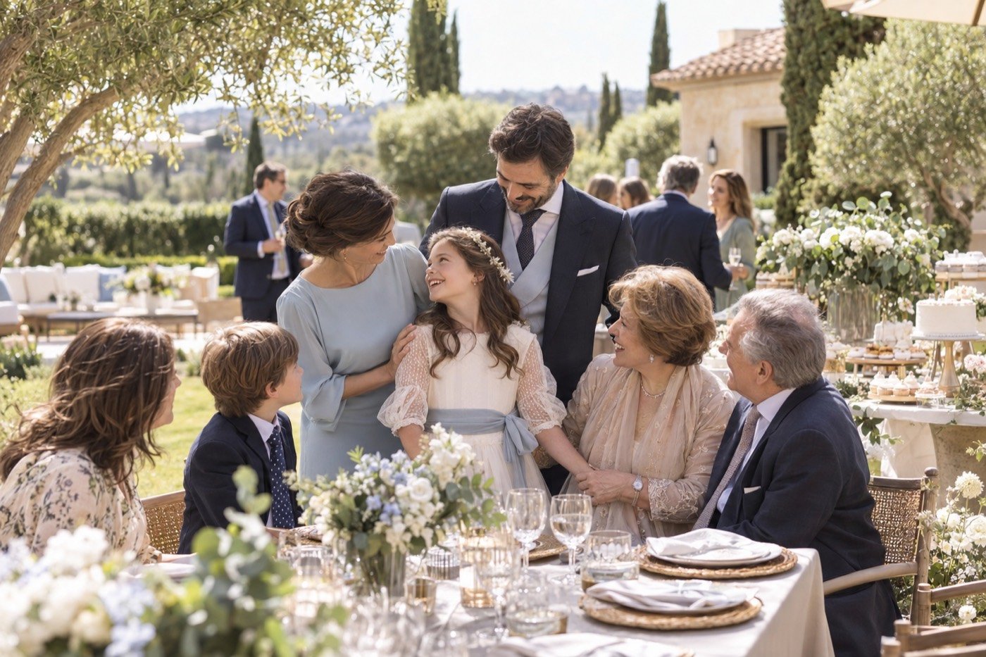 familia celebrando una comunión en una mesa luminosa de Las Rozas