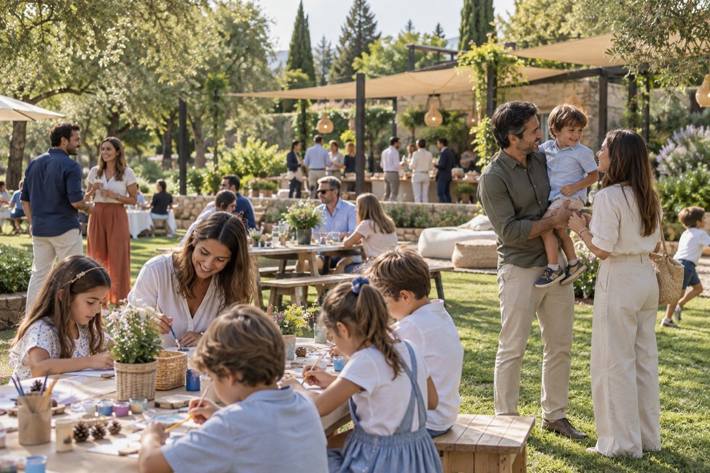 familias y responsables comparando actividades para un family day corporativo en Madrid